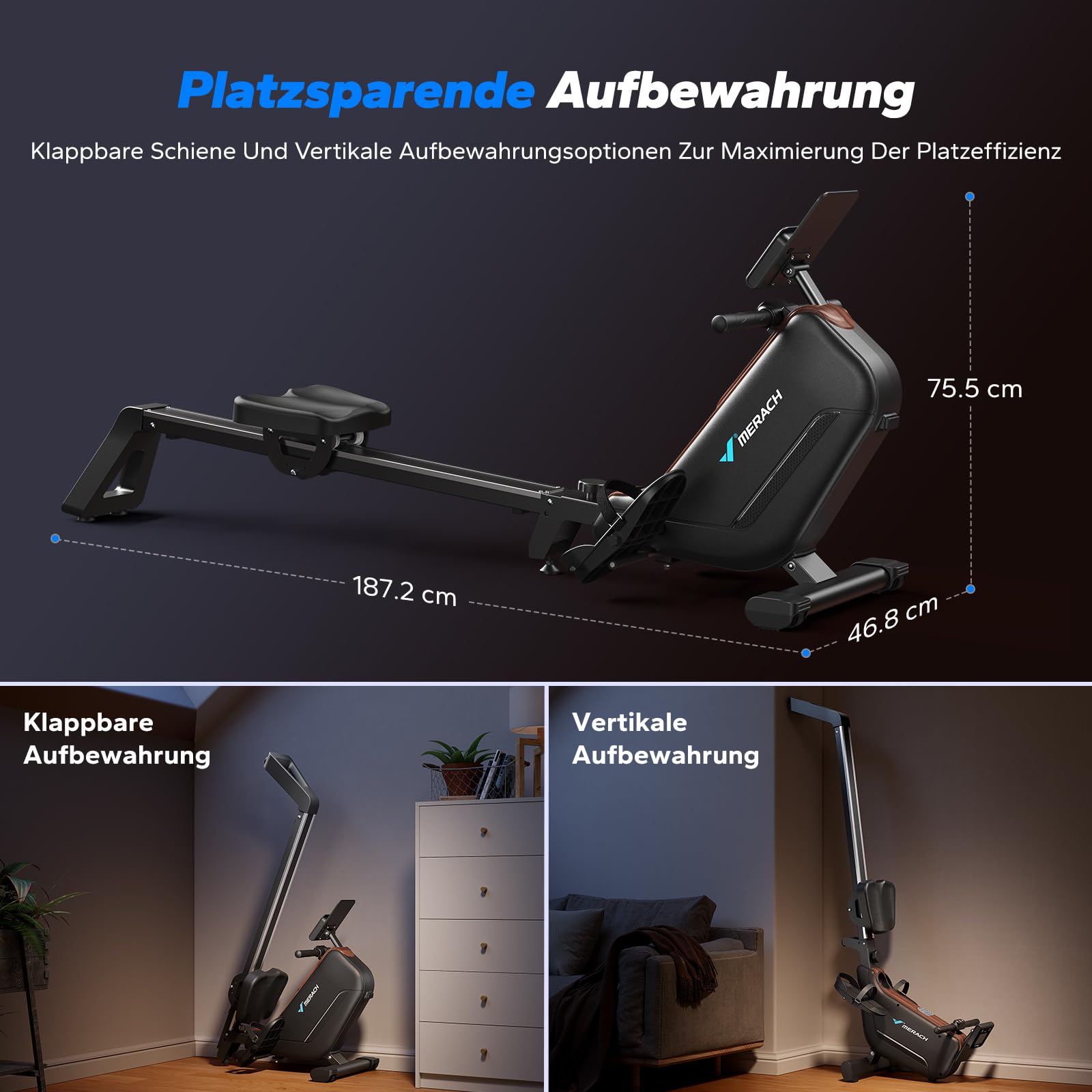 MERACH Rudergerät für Zuhause, Leises Magnet Rudermaschine mit Exklusiver APP, Verbesserte und Verlängerte Führungsschienen Sorgen für Mehr Bewegungsfreiheit, die Erste Wahl für Heimfitness