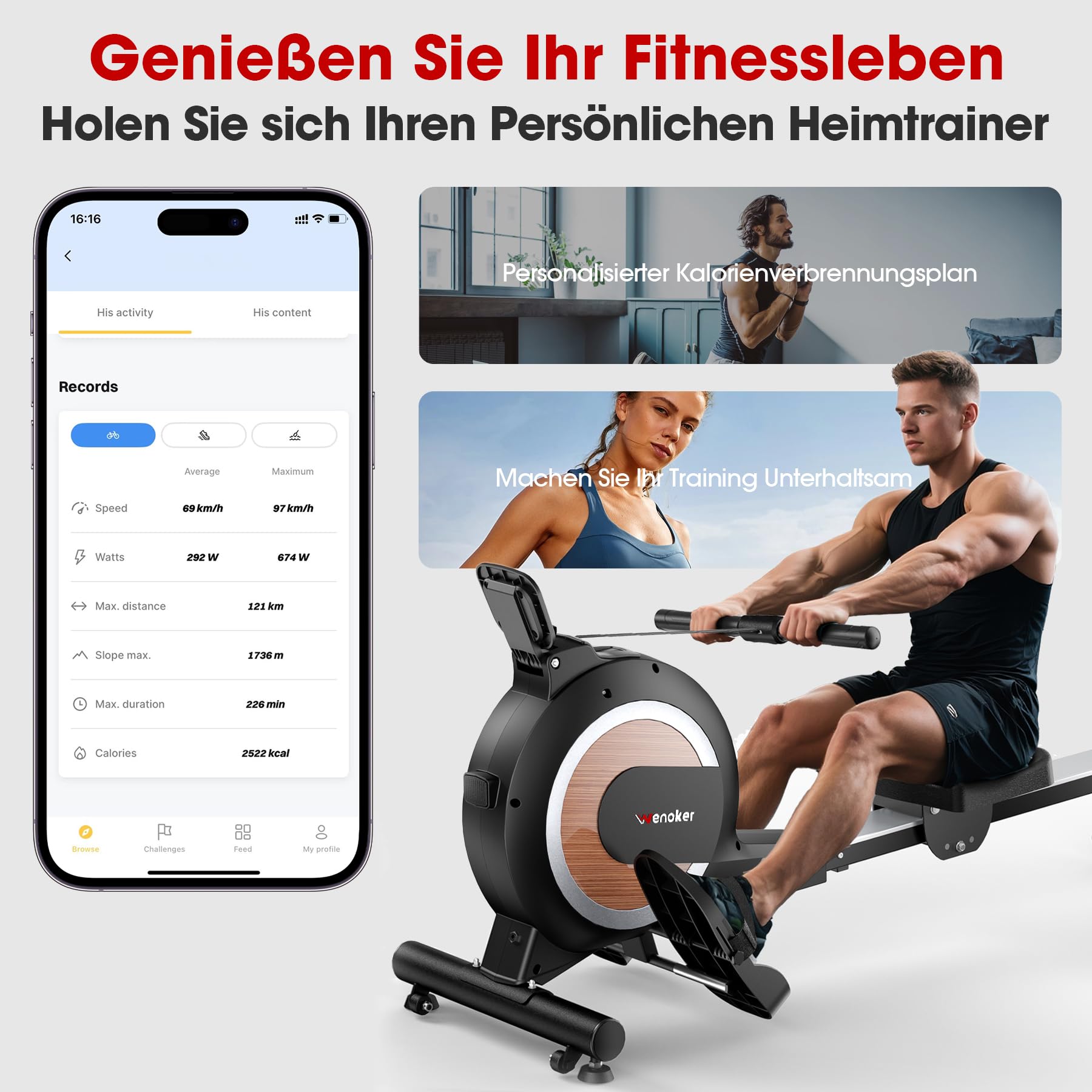Wenoker Rudergerät für Zuhause, Magnetisches Rudergerät mit APP & LCD-Display, 32 Widerstandsstufen, Leises Heimrudergerät für Cardio-Training, 160 kg Belastbarkeit, Vertikal Verstaubar