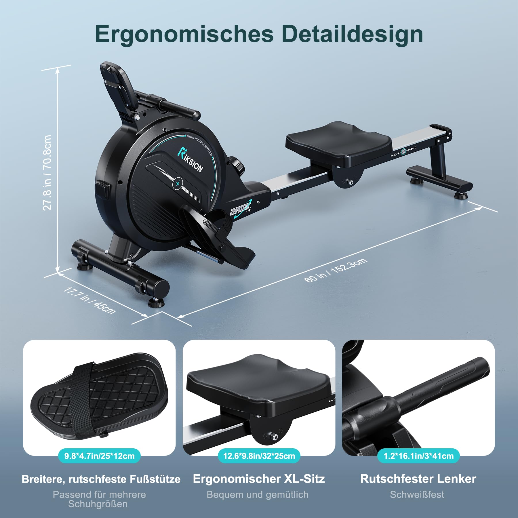 Riksion Rudergerät für Zuhause, Magnetisches Rudergerät mit LCD-Display, Heimrudergerät für Cardio-Training mit 16 Widerstandsstufen, 160 kg Belastbarkeit, Vertikal Verstaubar