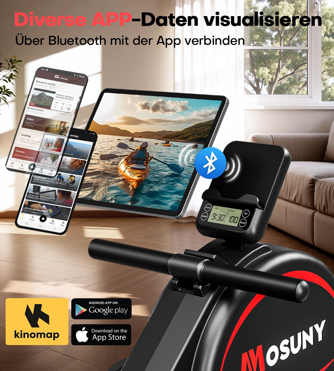Rudergerät für Zuhause, Verbessertes Magnetisches Rudergerät mit 16 Widerstandsstufen 80 Pfund Spitzenwiderstand, Upgrade Doppel-Slide-Rails Ultraleise, App-Kompatibel, Belastbar bis180kg Rowing