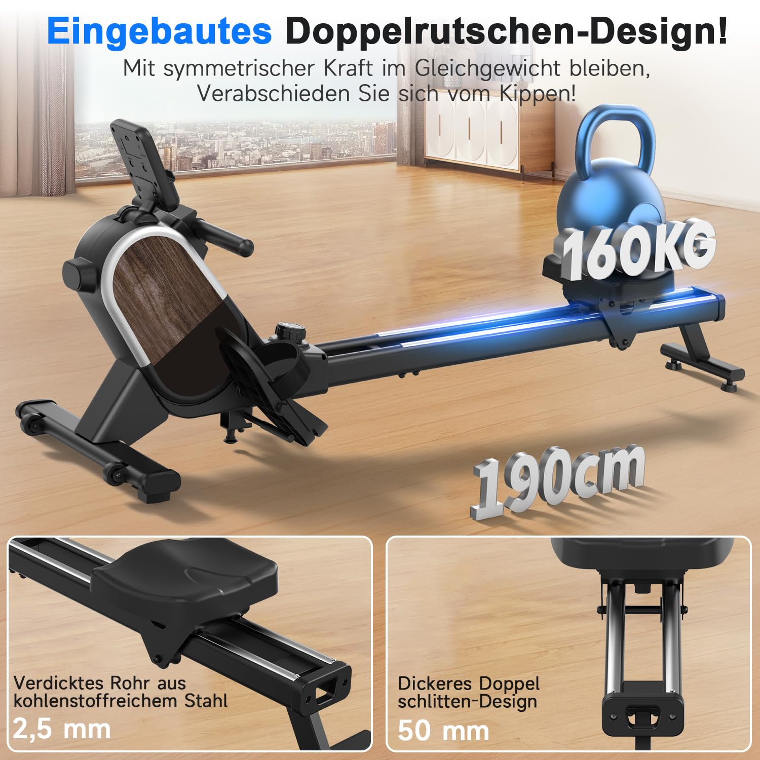 CHAOKE Rudergerät für Zuhause, Magnetisches Rudergerät, App-Kompatibel, Rowing Machine mit 16 Widerstandsstufen und Dual-Slide-Rail, Leicht zu Montieren, Belastbar bis 160KG