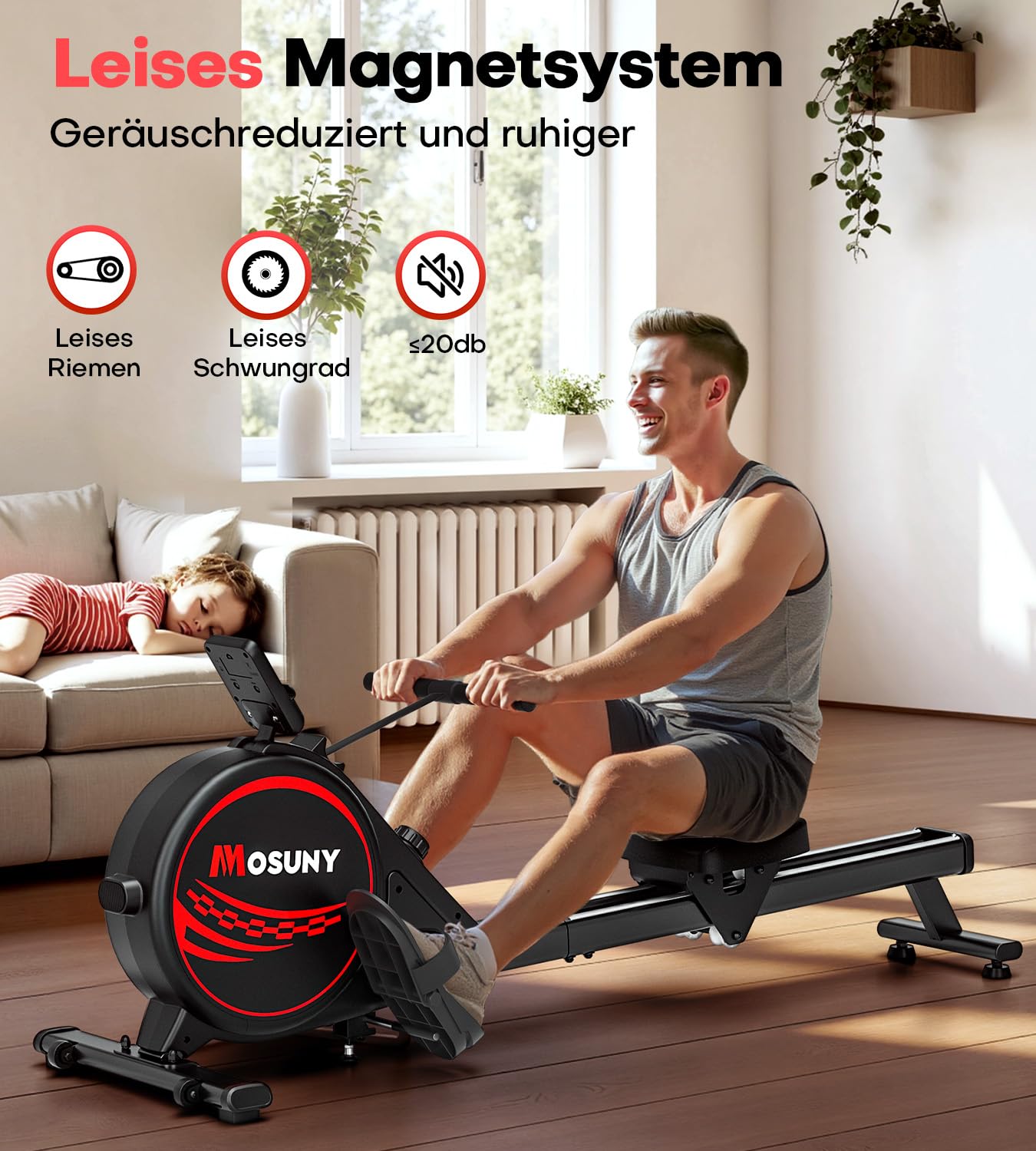 Rudergerät für Zuhause, Verbessertes Magnetisches Rudergerät mit 16 Widerstandsstufen 80 Pfund Spitzenwiderstand, Upgrade Doppel-Slide-Rails Ultraleise, App-Kompatibel, Belastbar bis180kg Rowing
