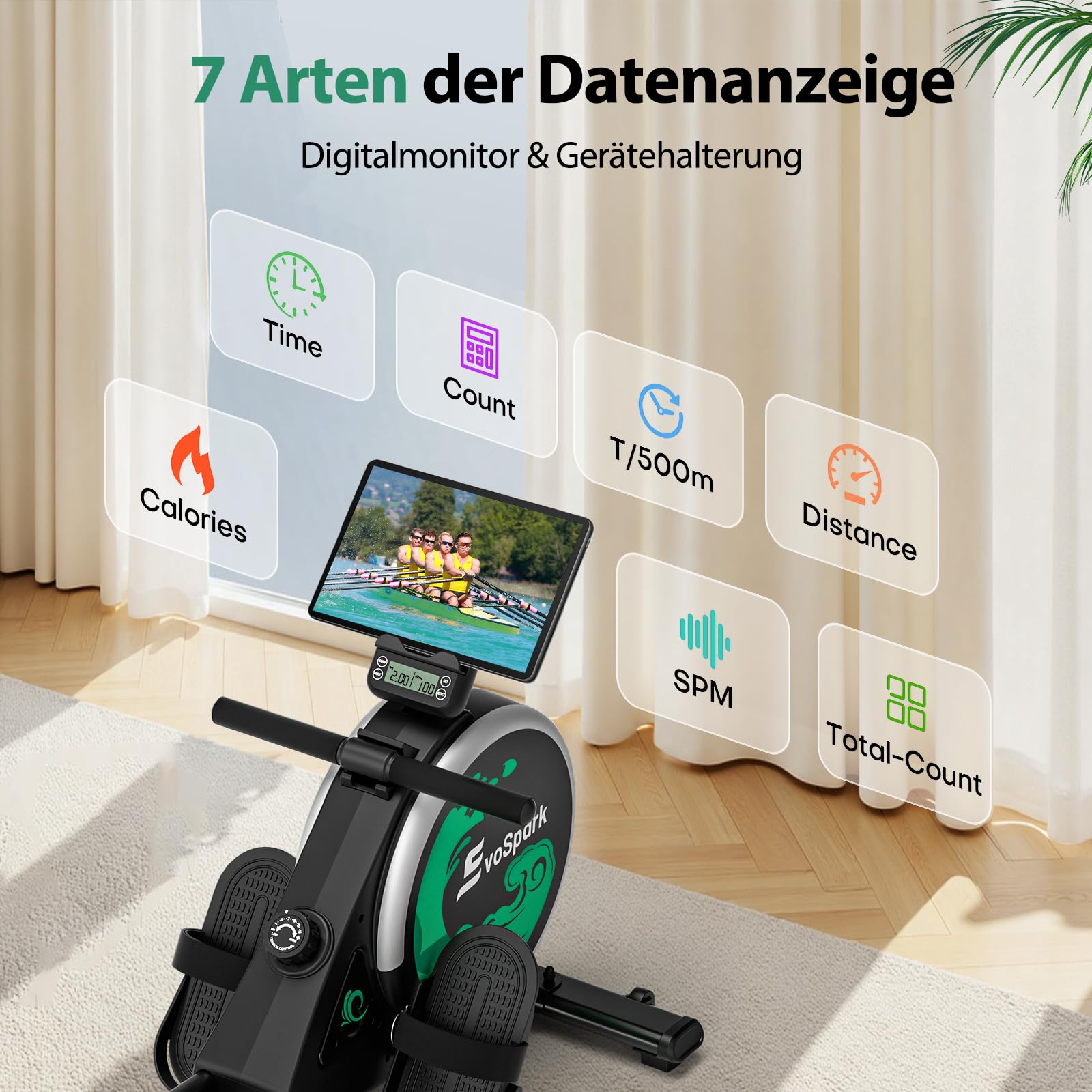 Rudergerät für Zuhause, EvoSpark Rudergerät mit 16 Stufen Widerstand, APP-Verbindung, Upgrade Doppel-Slide-Rails Ultraleise Rudermaschine, LCD-Datenanzeige, Die Erste Wahl für Fitnessgeräte