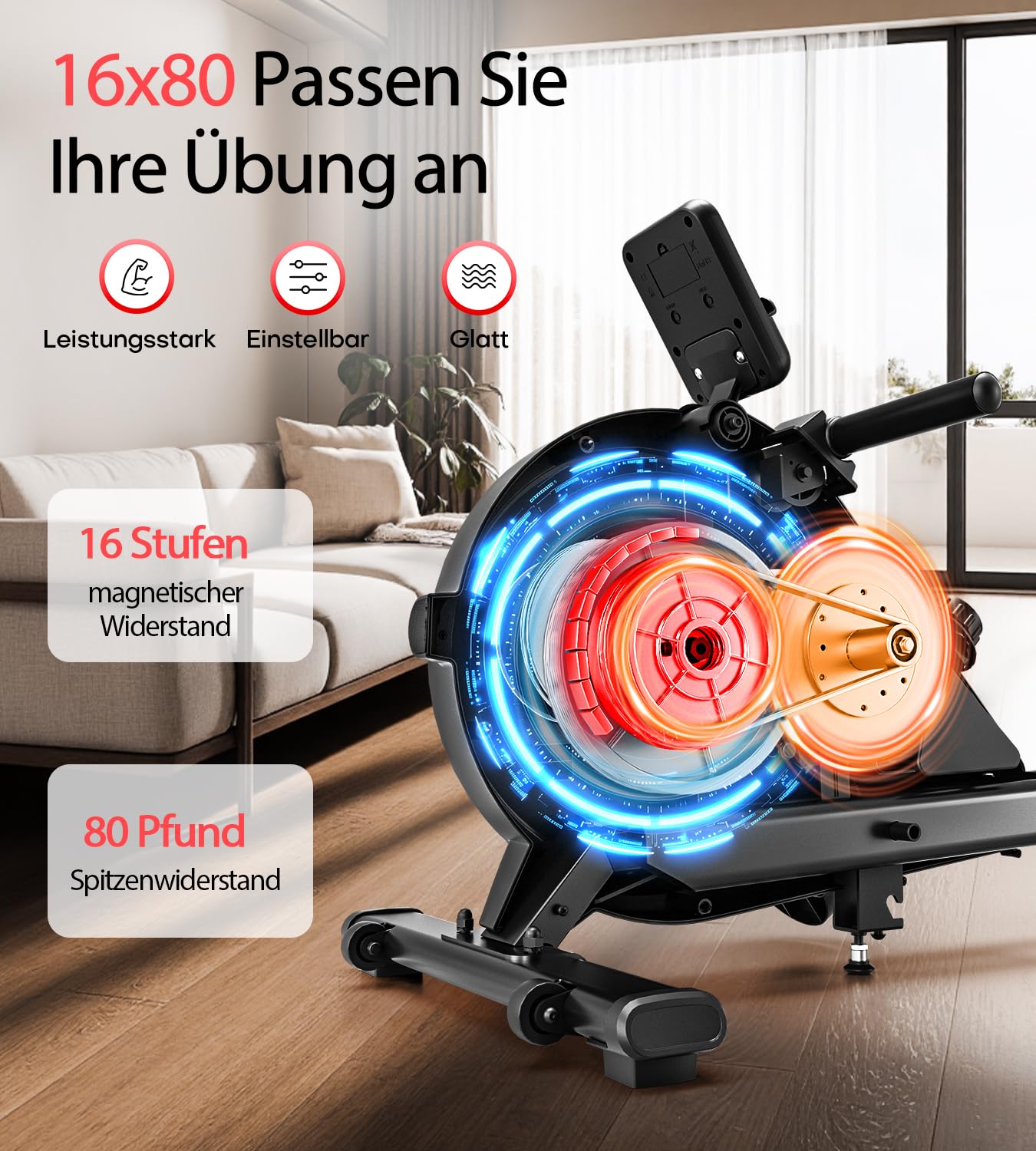 Rudergerät für Zuhause, Verbessertes Magnetisches Rudergerät mit 16 Widerstandsstufen 80 Pfund Spitzenwiderstand, Upgrade Doppel-Slide-Rails Ultraleise, App-Kompatibel, Belastbar bis180kg Rowing