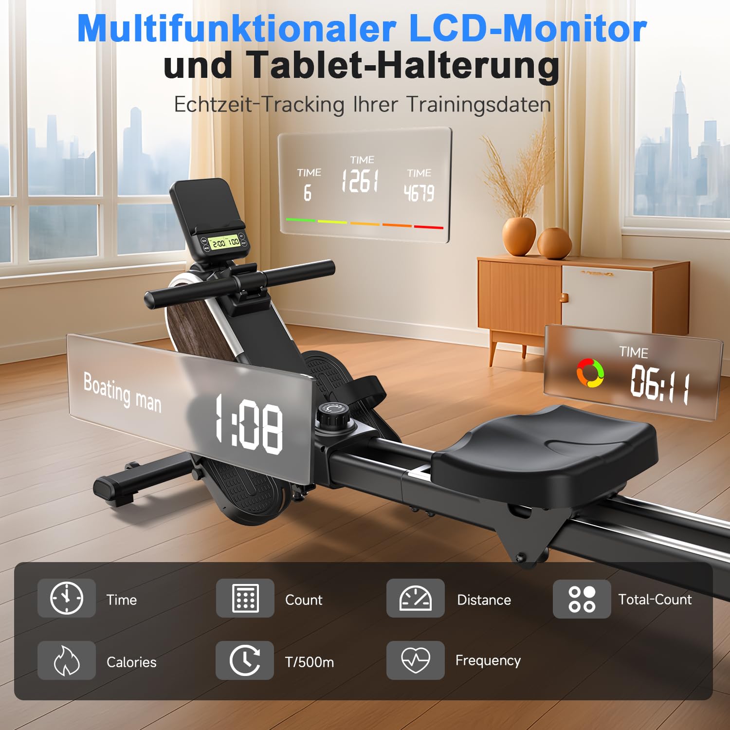 CHAOKE Rudergerät für Zuhause, Magnetisches Rudergerät, App-Kompatibel, Rowing Machine mit 16 Widerstandsstufen und Dual-Slide-Rail, Leicht zu Montieren, Belastbar bis 160KG