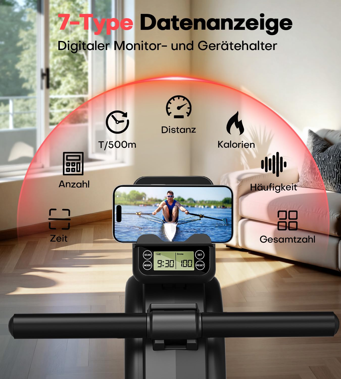 Rudergerät für Zuhause, Verbessertes Magnetisches Rudergerät mit 16 Widerstandsstufen 80 Pfund Spitzenwiderstand, Upgrade Doppel-Slide-Rails Ultraleise, App-Kompatibel, Belastbar bis180kg Rowing