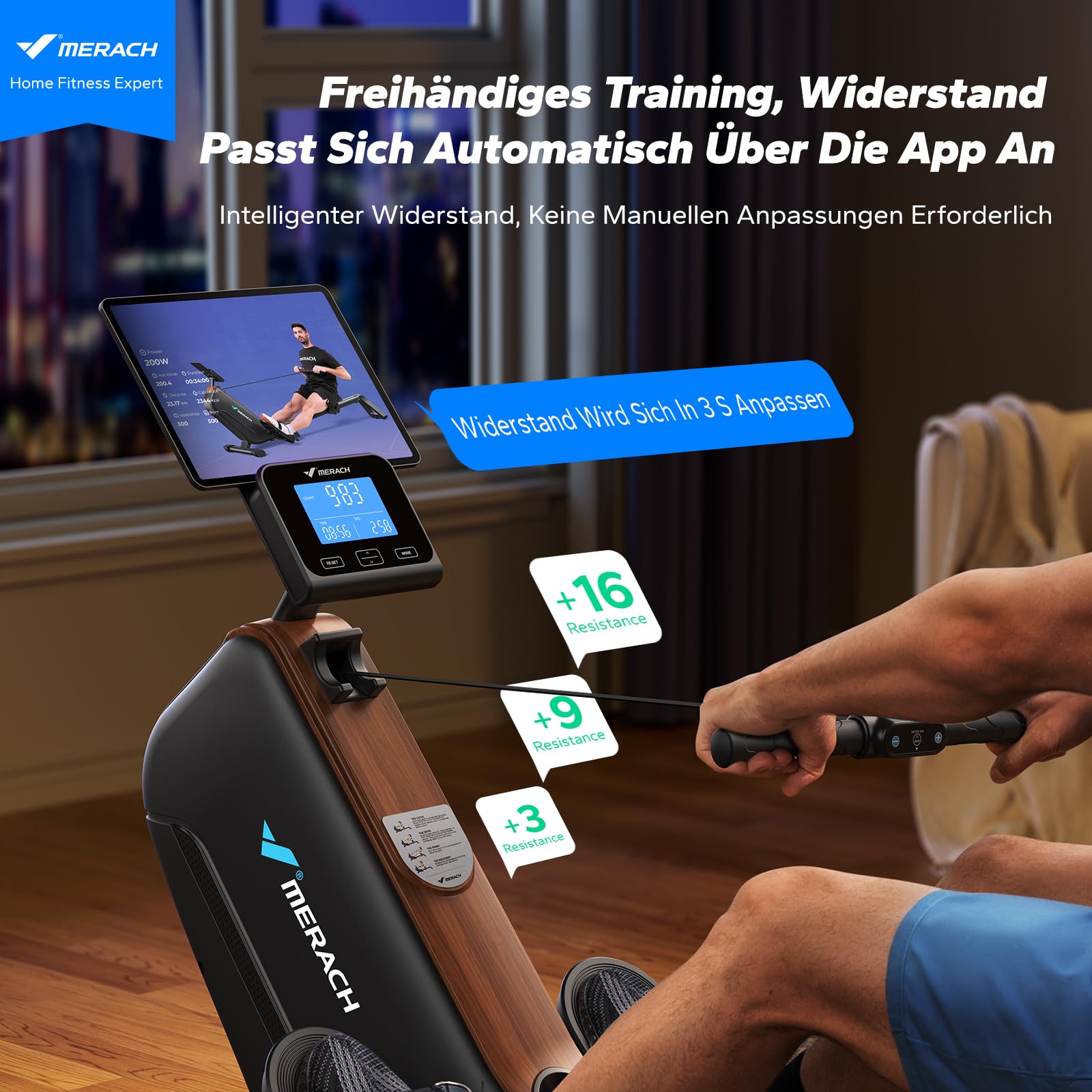 MERACH Rudergerät für Zuhause, Leises Magnet Rudermaschine mit Exklusiver APP, Verbesserte und Verlängerte Führungsschienen Sorgen für Mehr Bewegungsfreiheit, die Erste Wahl für Heimfitness
