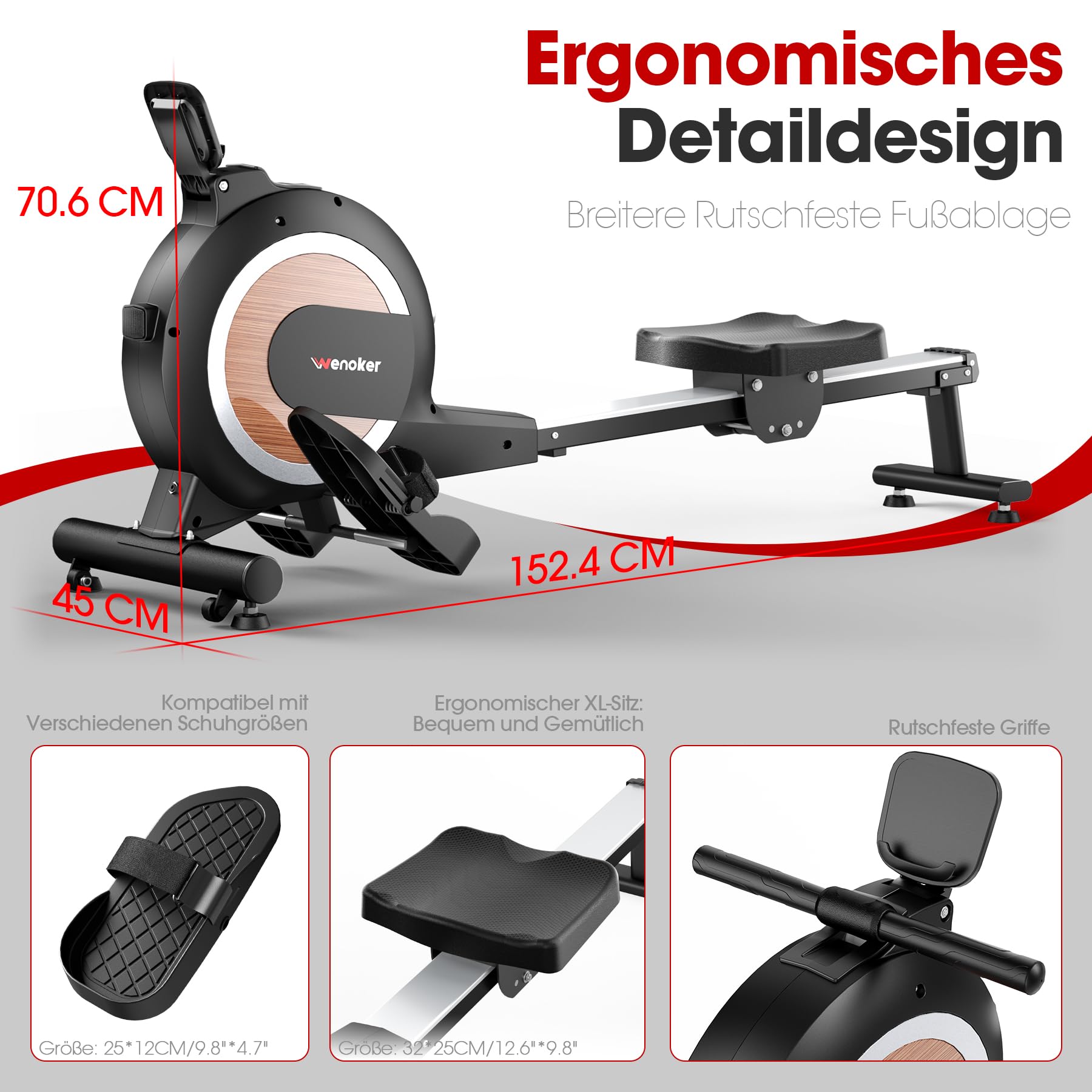 Wenoker Rudergerät für Zuhause, Magnetisches Rudergerät mit APP & LCD-Display, 32 Widerstandsstufen, Leises Heimrudergerät für Cardio-Training, 160 kg Belastbarkeit, Vertikal Verstaubar