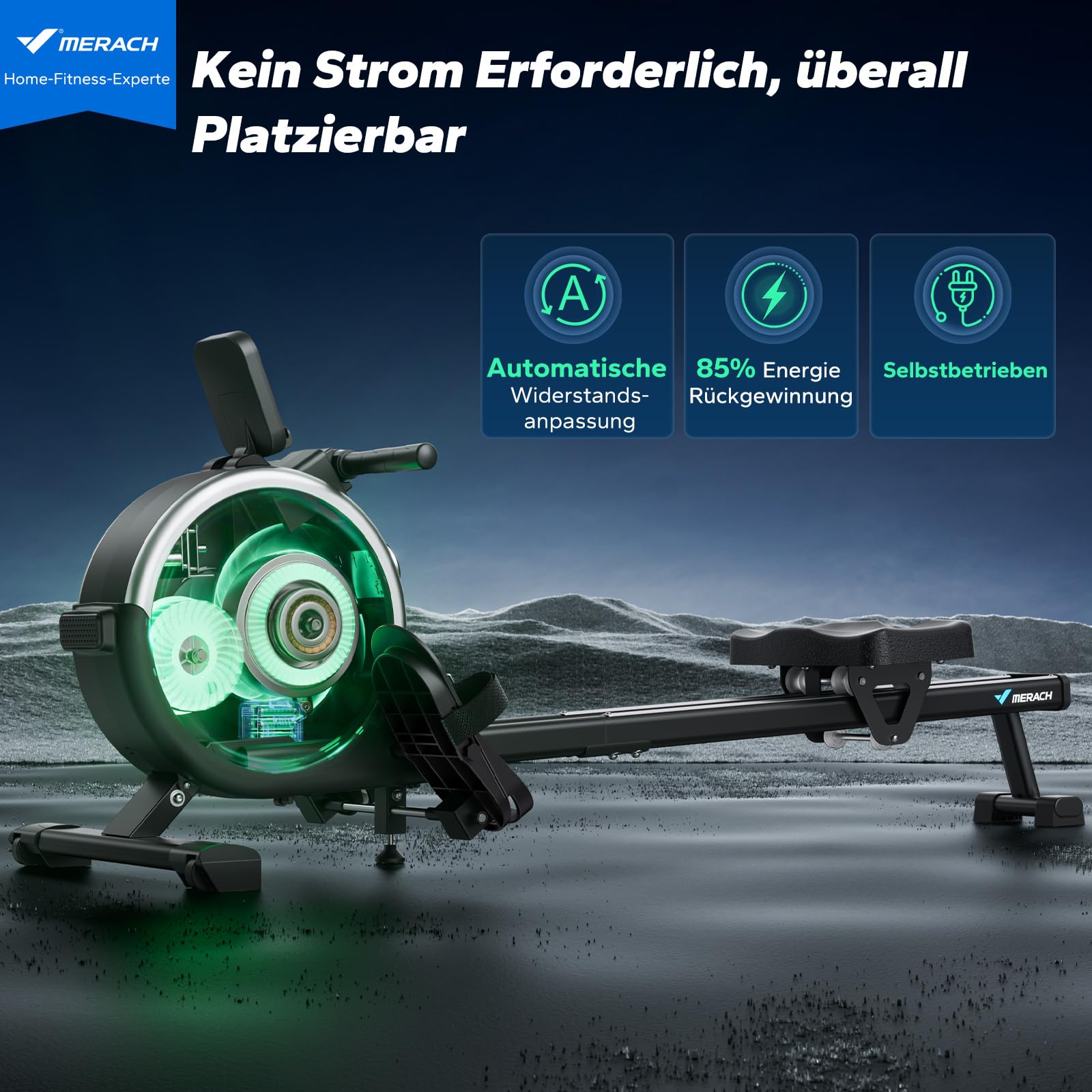 MERACH Aufgerüstetes Selbstversorgendes Rudergerät für Zuhause, Kein Stromanschluss Erforderlich & Umweltfreundlich, Mit Exklusiver App, Echtzeit-Datenanzeige & Automatische Widerstandseinstellung