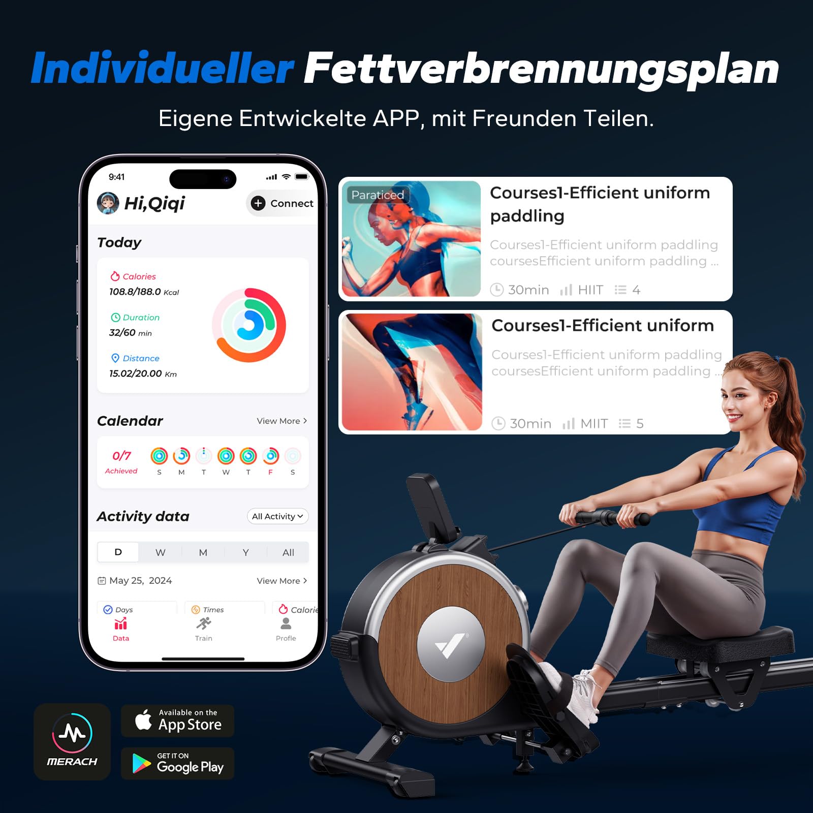 MERACH Aufgerüstetes Selbstversorgendes Rudergerät für Zuhause, Kein Stromanschluss Erforderlich & Umweltfreundlich, Mit Exklusiver App, Echtzeit-Datenanzeige & Automatische Widerstandseinstellung
