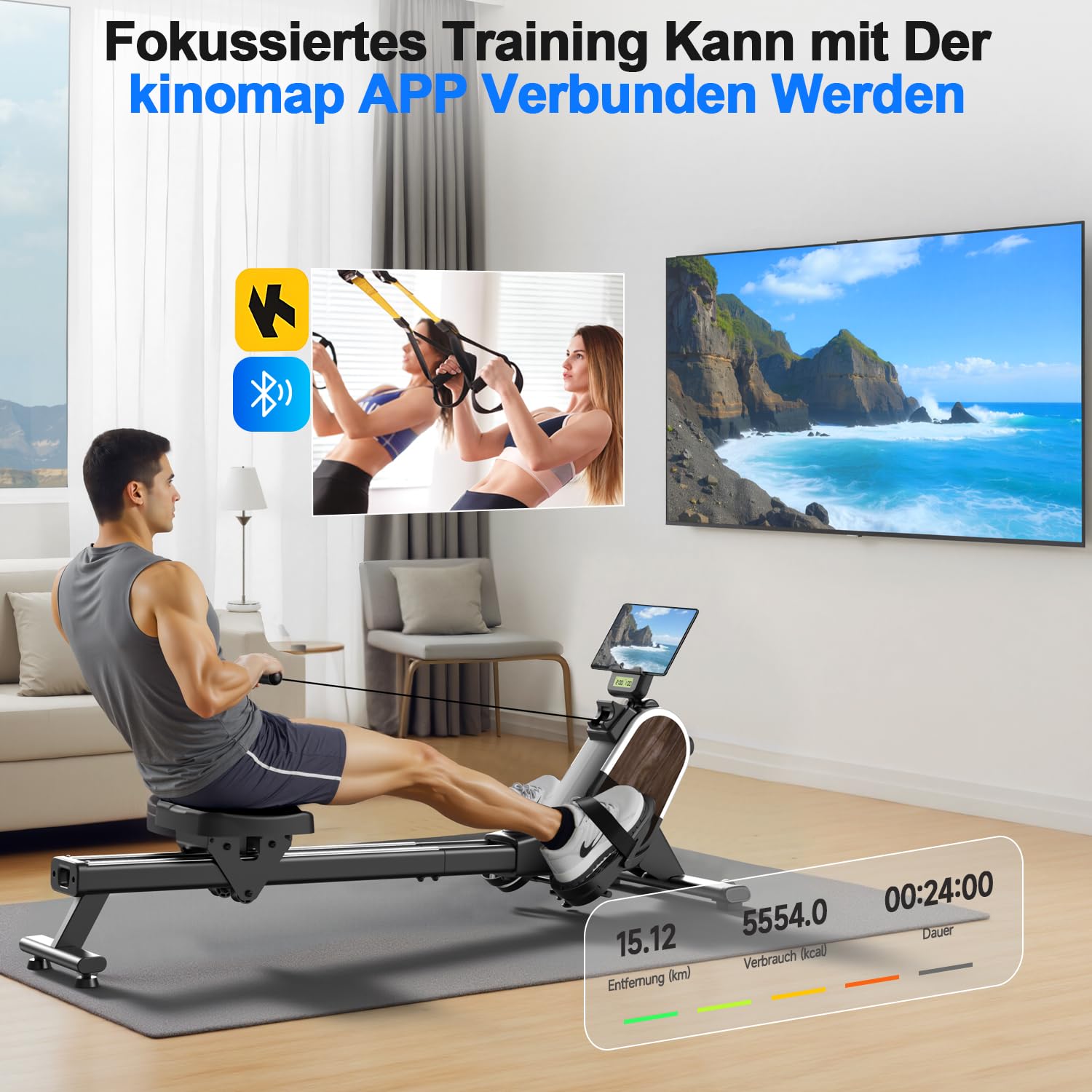 CHAOKE Rudergerät für Zuhause, Magnetisches Rudergerät, App-Kompatibel, Rowing Machine mit 16 Widerstandsstufen und Dual-Slide-Rail, Leicht zu Montieren, Belastbar bis 160KG