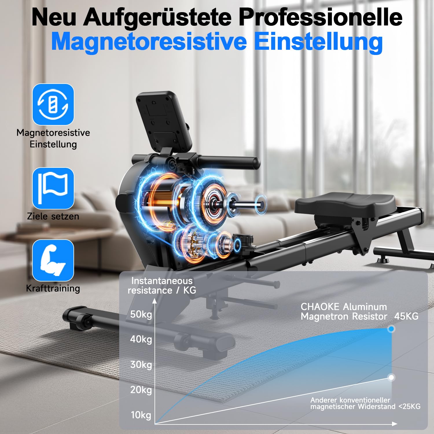 CHAOKE Rudergerät für Zuhause, Magnetisches Rudergerät, App-Kompatibel, Rowing Machine mit 16 Widerstandsstufen und Dual-Slide-Rail, Leicht zu Montieren, Belastbar bis 160KG