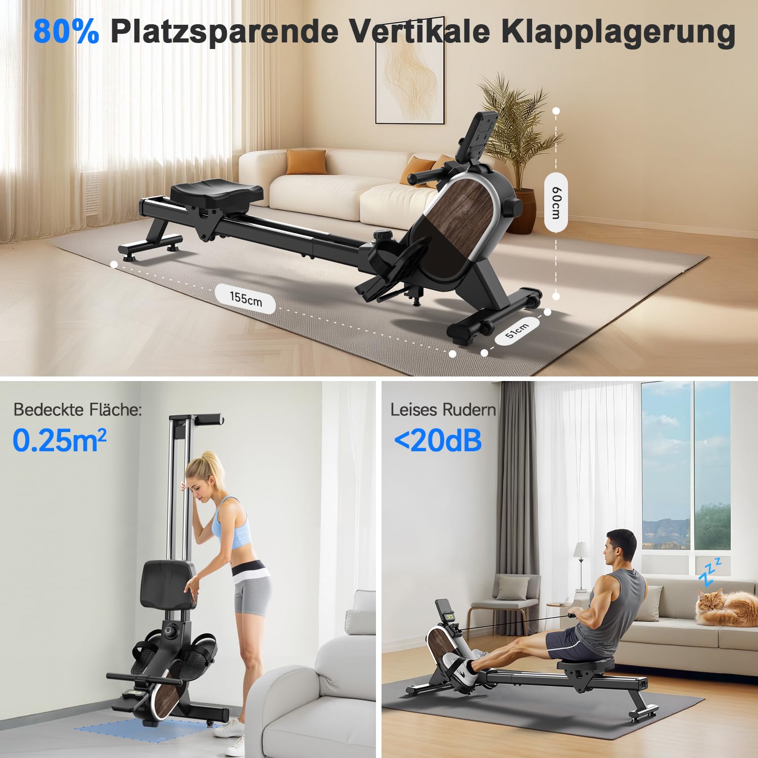 CHAOKE Rudergerät für Zuhause, Magnetisches Rudergerät, App-Kompatibel, Rowing Machine mit 16 Widerstandsstufen und Dual-Slide-Rail, Leicht zu Montieren, Belastbar bis 160KG