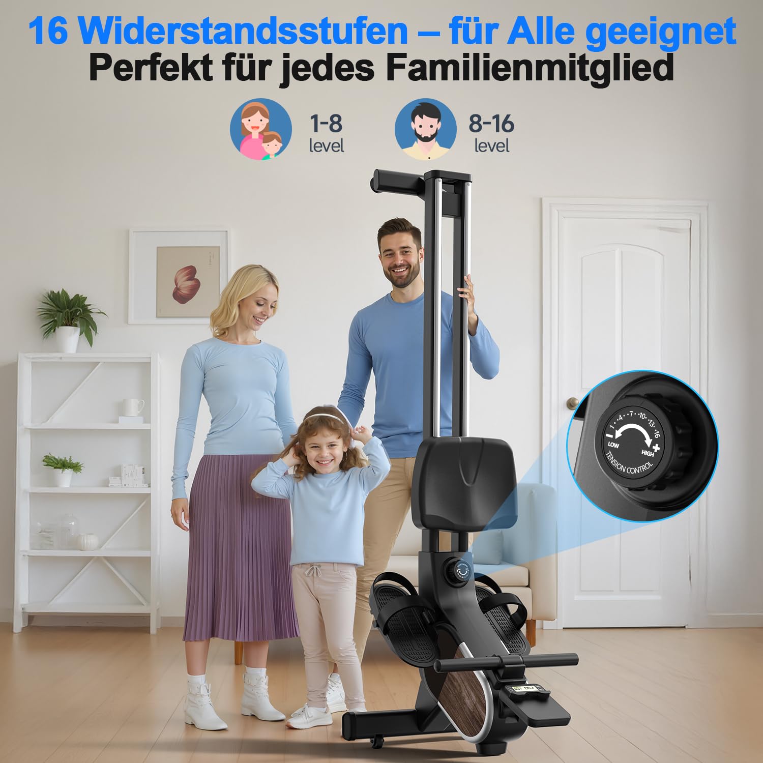 CHAOKE Rudergerät für Zuhause, Magnetisches Rudergerät, App-Kompatibel, Rowing Machine mit 16 Widerstandsstufen und Dual-Slide-Rail, Leicht zu Montieren, Belastbar bis 160KG