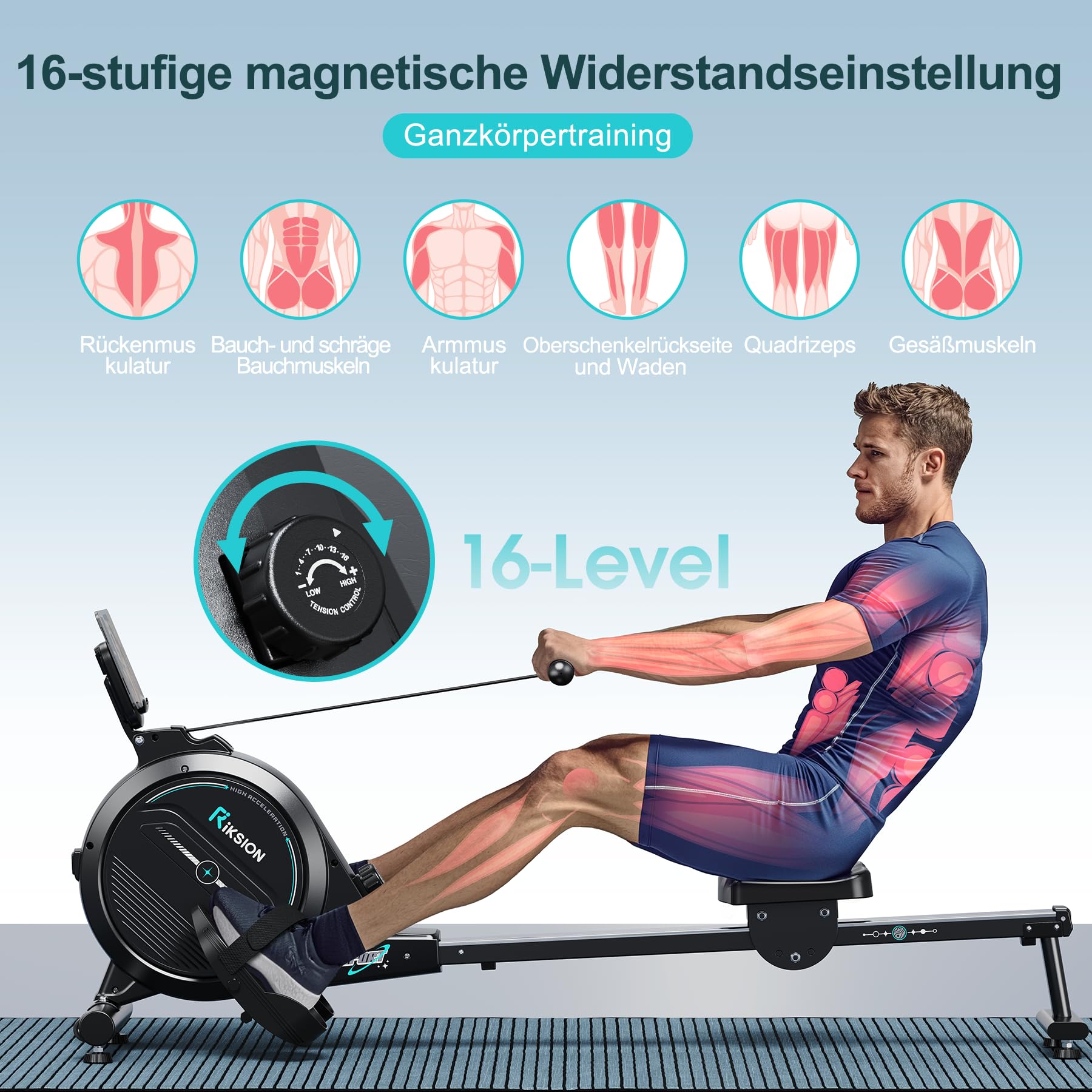 Riksion Rudergerät für Zuhause, Magnetisches Rudergerät mit LCD-Display, Heimrudergerät für Cardio-Training mit 16 Widerstandsstufen, 160 kg Belastbarkeit, Vertikal Verstaubar