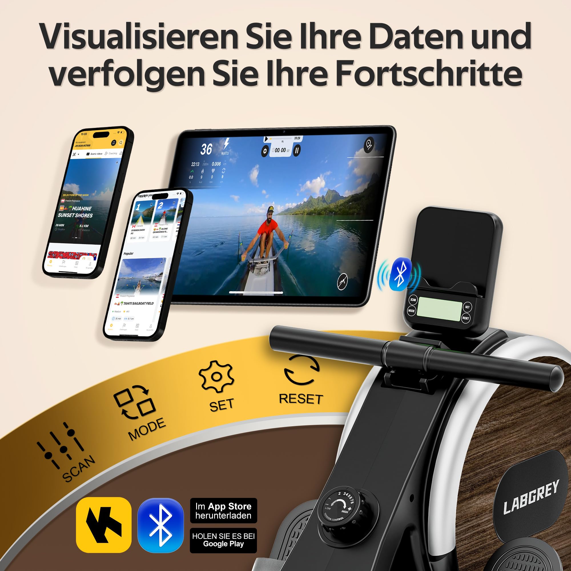 LABGREY Magnetisches Rudergerät, Faltbares Rudergerät für Zuhause mit Bluetooth, 8 Widerstandsstufen, Ultra-leise und Stabil, Maximale Belastbarkeit von 158 kg (R1-Magnetisches)