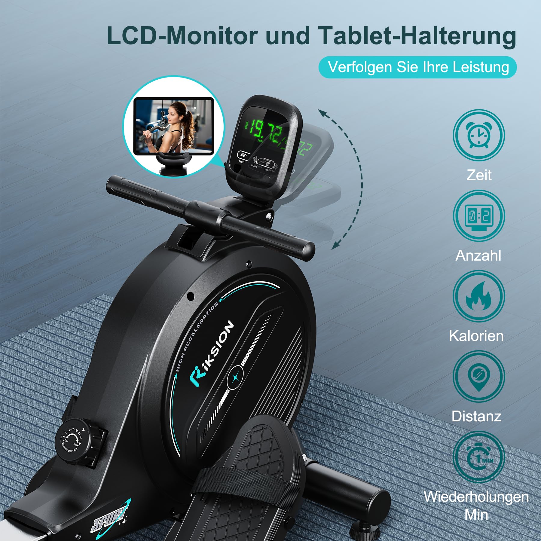 Riksion Rudergerät für Zuhause, Magnetisches Rudergerät mit LCD-Display, Heimrudergerät für Cardio-Training mit 16 Widerstandsstufen, 160 kg Belastbarkeit, Vertikal Verstaubar