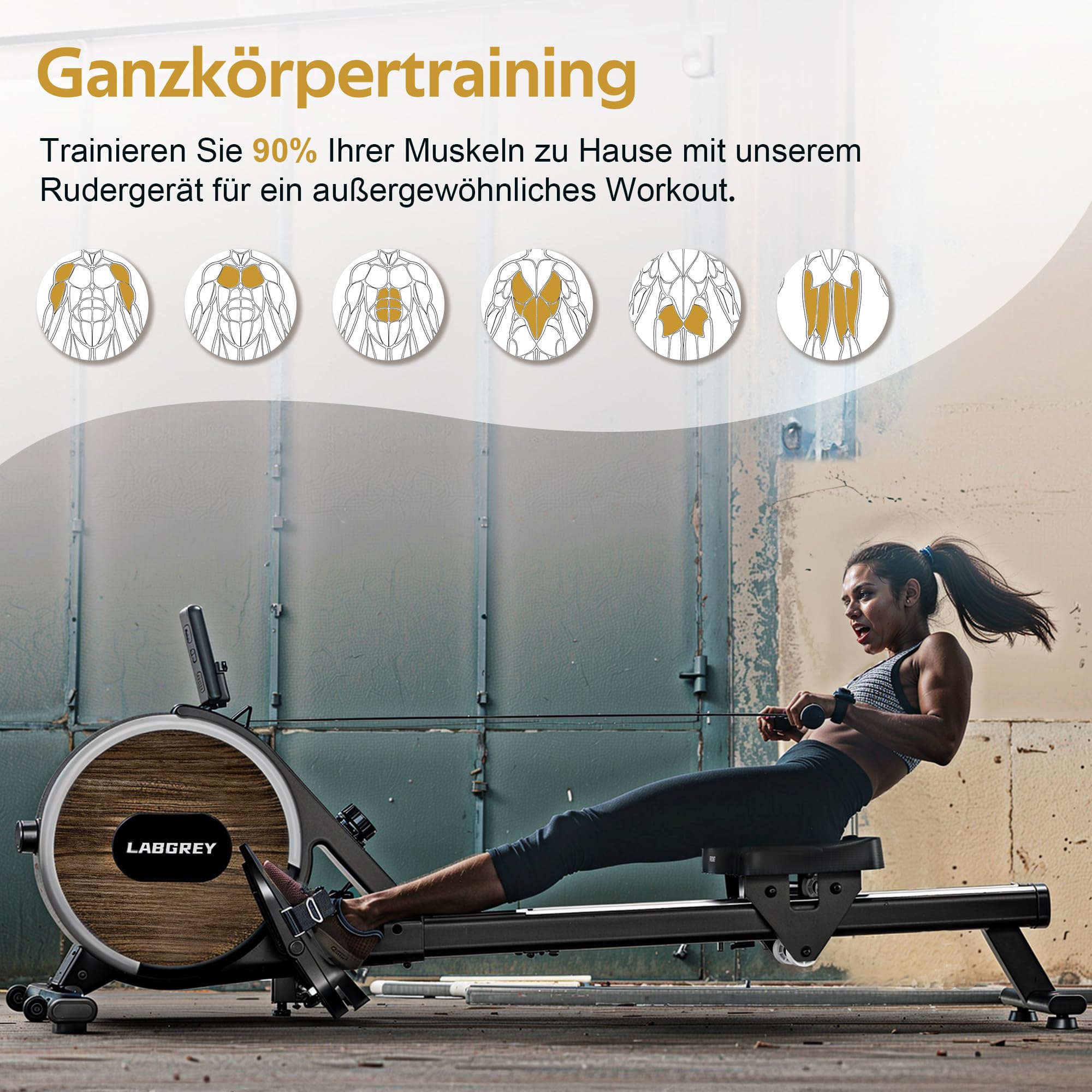 LABGREY Magnetisches Rudergerät, Faltbares Rudergerät für Zuhause mit Bluetooth, 8 Widerstandsstufen, Ultra-leise und Stabil, Maximale Belastbarkeit von 158 kg (R1-Magnetisches)