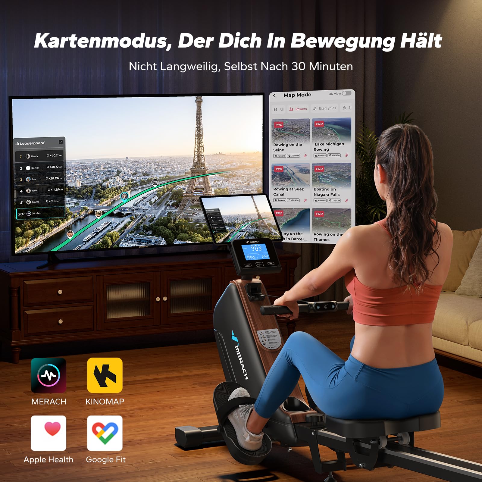 MERACH Rudergerät für Zuhause, Leises Magnet Rudermaschine mit Exklusiver APP, Verbesserte und Verlängerte Führungsschienen Sorgen für Mehr Bewegungsfreiheit, die Erste Wahl für Heimfitness