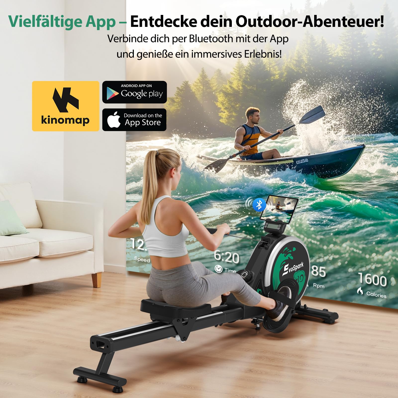 Rudergerät für Zuhause, EvoSpark Rudergerät mit 16 Stufen Widerstand, APP-Verbindung, Upgrade Doppel-Slide-Rails Ultraleise Rudermaschine, LCD-Datenanzeige, Die Erste Wahl für Fitnessgeräte