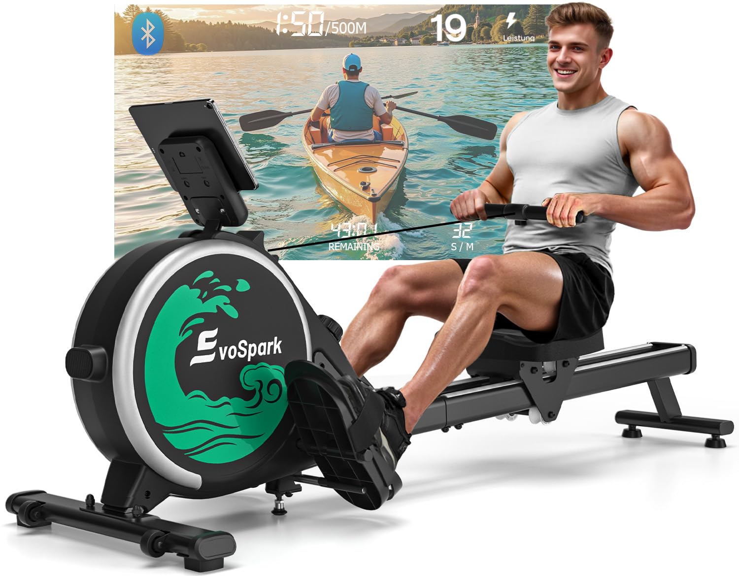 Rudergerät für Zuhause, EvoSpark Rudergerät mit 16 Stufen Widerstand, APP-Verbindung, Upgrade Doppel-Slide-Rails Ultraleise Rudermaschine, LCD-Datenanzeige, Die Erste Wahl für Fitnessgeräte
