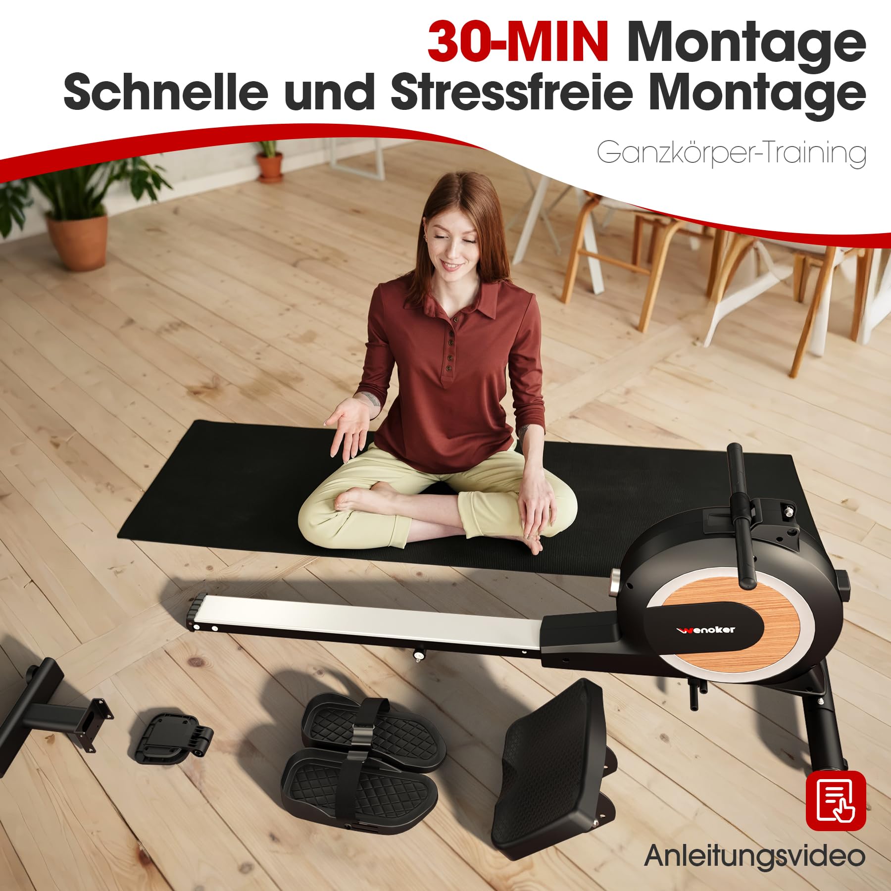 Wenoker Rudergerät für Zuhause, Magnetisches Rudergerät mit APP & LCD-Display, 32 Widerstandsstufen, Leises Heimrudergerät für Cardio-Training, 160 kg Belastbarkeit, Vertikal Verstaubar