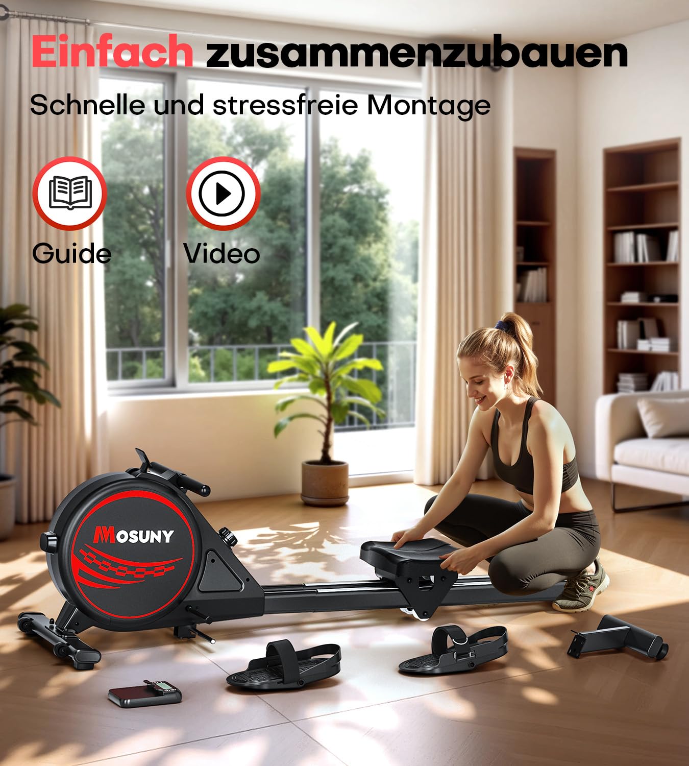 Rudergerät für Zuhause, Verbessertes Magnetisches Rudergerät mit 16 Widerstandsstufen 80 Pfund Spitzenwiderstand, Upgrade Doppel-Slide-Rails Ultraleise, App-Kompatibel, Belastbar bis180kg Rowing