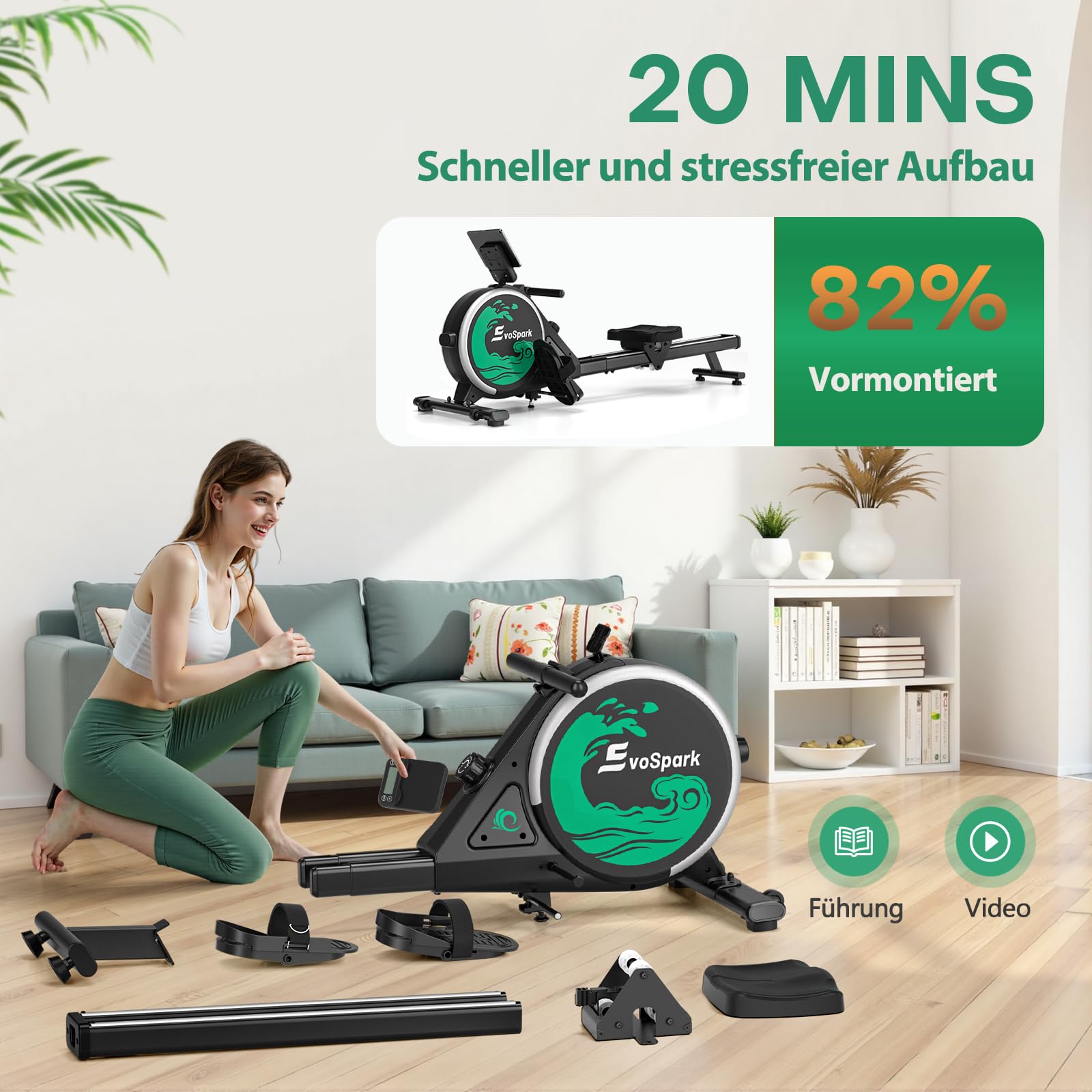 Rudergerät für Zuhause, EvoSpark Rudergerät mit 16 Stufen Widerstand, APP-Verbindung, Upgrade Doppel-Slide-Rails Ultraleise Rudermaschine, LCD-Datenanzeige, Die Erste Wahl für Fitnessgeräte