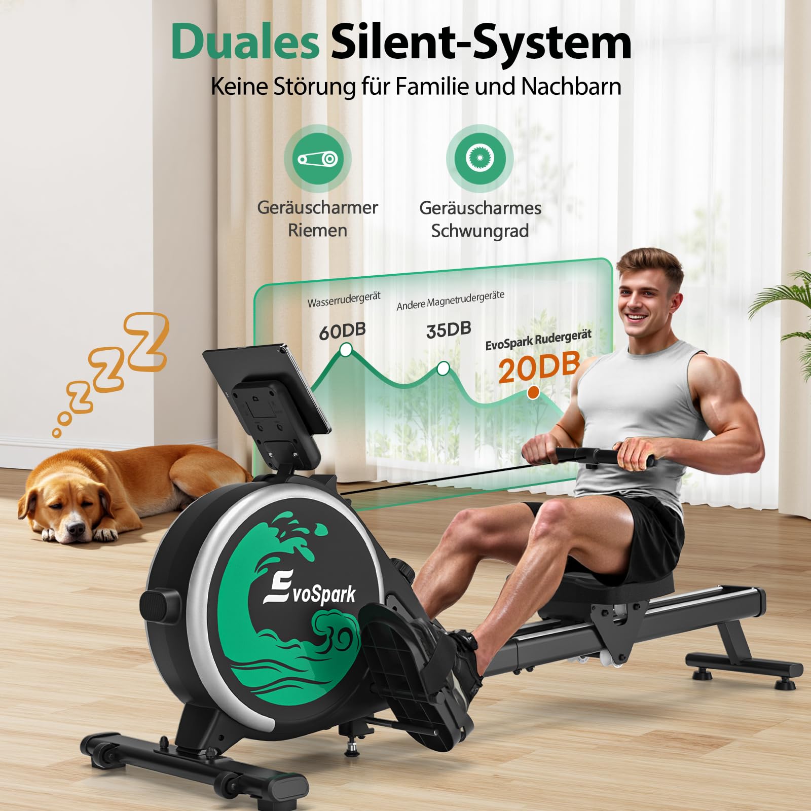 Rudergerät für Zuhause, EvoSpark Rudergerät mit 16 Stufen Widerstand, APP-Verbindung, Upgrade Doppel-Slide-Rails Ultraleise Rudermaschine, LCD-Datenanzeige, Die Erste Wahl für Fitnessgeräte