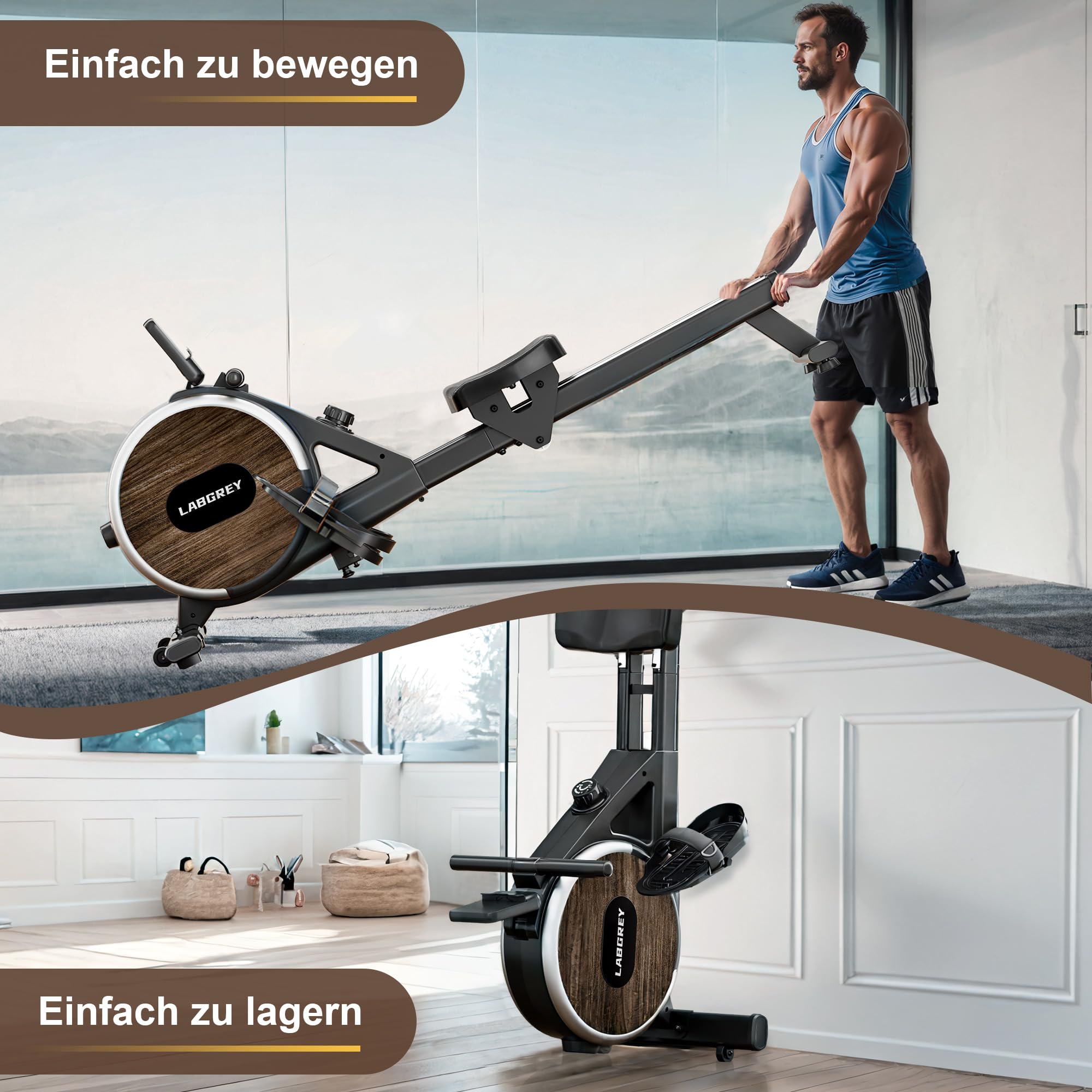 LABGREY Magnetisches Rudergerät, Faltbares Rudergerät für Zuhause mit Bluetooth, 8 Widerstandsstufen, Ultra-leise und Stabil, Maximale Belastbarkeit von 158 kg (R1-Magnetisches)