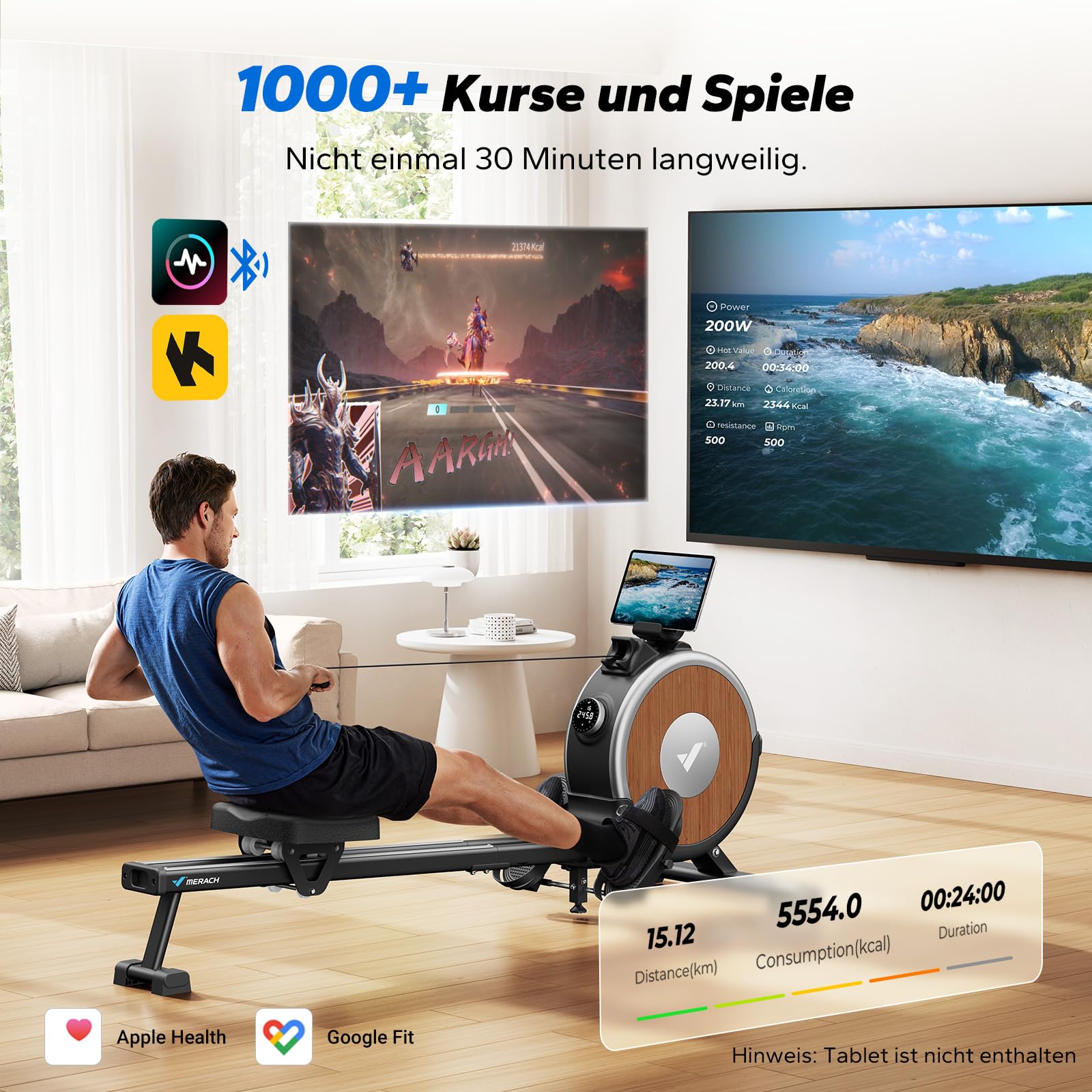MERACH Aufgerüstetes Selbstversorgendes Rudergerät für Zuhause, Kein Stromanschluss Erforderlich & Umweltfreundlich, Mit Exklusiver App, Echtzeit-Datenanzeige & Automatische Widerstandseinstellung